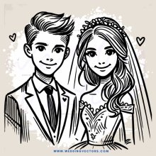 a bride and groom illustration with hearts