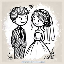 a black and white wedding illustration with an arrow pointing at the couple's heart
