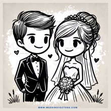 a bride and groom in wedding attire
