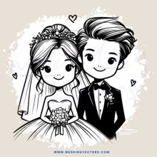 a bride and groom with wedding attire on