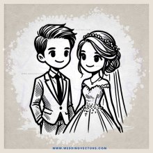 a bride and groom in wedding attire