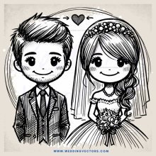 a bride and groom in wedding attire holding hands