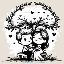 couple sitting under tree with hearts on branches
