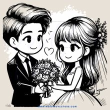 a bride and groom holding flowers