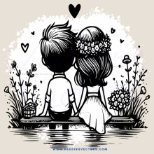 a boy and girl sitting by water with plants
