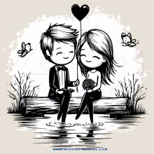 a couple sitting by a pond with an animal balloon