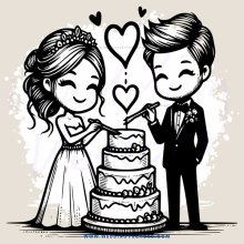 a bride and groom cutting their wedding cake