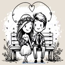 a couple sitting on a bench with hearts