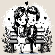 a couple sitting on a bench holding flowers and smiling