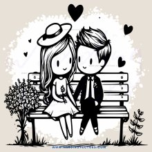 couple sits on bench with flowers and trees in background