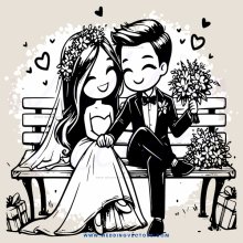 wedding bride and groom on bench