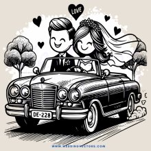 a couple in a car with hearts and flowers