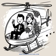 a couple on a helicopter ride with the bride holding flowers