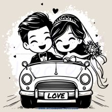 a couple on their wedding day in a vintage car