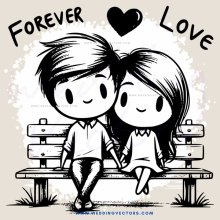 couple sitting on bench with love and heart emblems