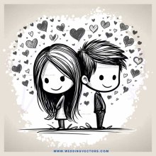 two smiling people in profile with hearts surrounding them