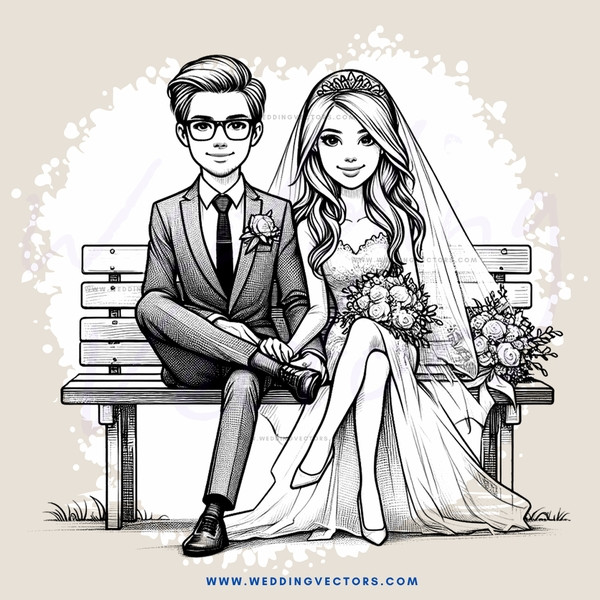 a wedding couple sitting on a bench