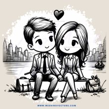 a couple sitting by the lake with cities in the background