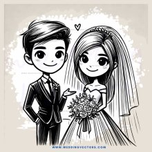 wedding bride & groom cartoon in black and white
