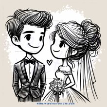 a young couple in wedding attire