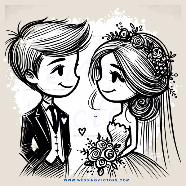 bride & groom holding flowers and hearts