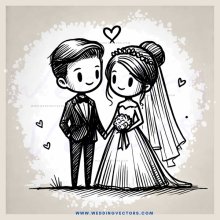 a bride and groom standing together with hearts above them