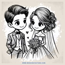 a bride and groom in black and white cartoon style