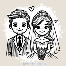 wedding couple in black and white cartoon illustration