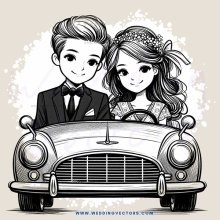 couple posing with car, cartoon style
