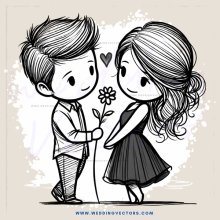 two people in black and white with flowers and hearts