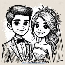 groom and bride sketch cartoon drawing in black and white