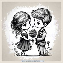 a boy and girl standing together with flowers