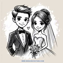 smiling bride and groom holding flowers
