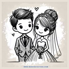 a black and white cartoon of a bride and groom