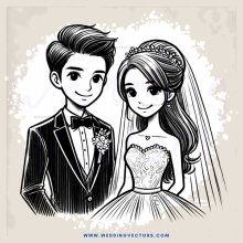 bride and groom portrait black and white drawing