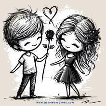 a boy and girl standing together with flowers