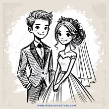 a bride and groom in black and white cartoon style
