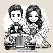 a wedding picture with vehicle in it