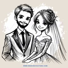 a man and woman pose together in a black and white illustration