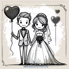 a bride and groom holding balloons