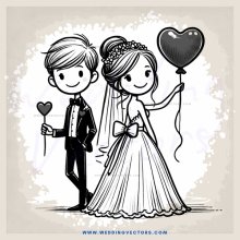a bride and groom hold hearts while a balloon floats behind them