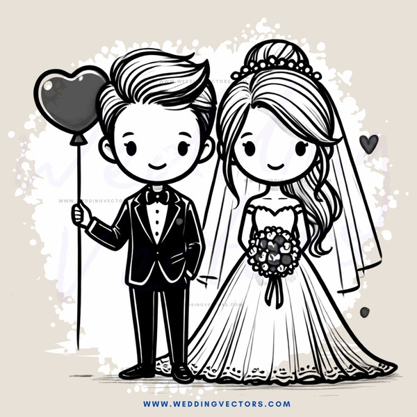 a bride and groom with balloons and flowers
