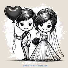 bride and groom holding balloons and rings