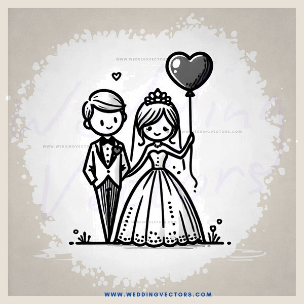 a bride and groom with balloons