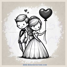 couple standing under floating hearts and balloons