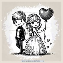 a bride and groom holding hands with a heart balloon