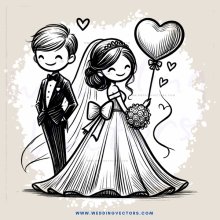 a black and white cartoon drawing of bride & groom