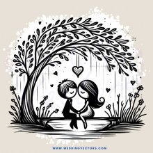 couple under tree with hearts and flowers