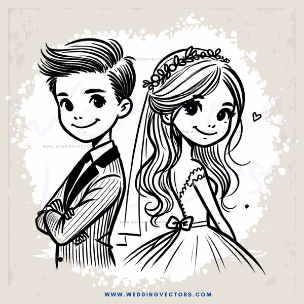 a boy and girl drawn in black and white with hearts over their head