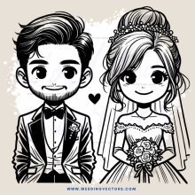 a bride and groom in black and white cartoon format